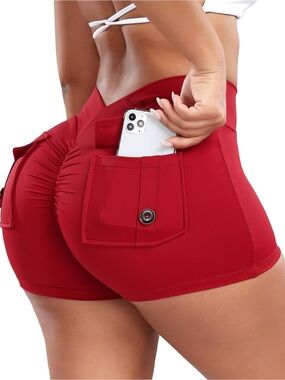 High-Waist Red Ruched Pocket Women’s Shorts